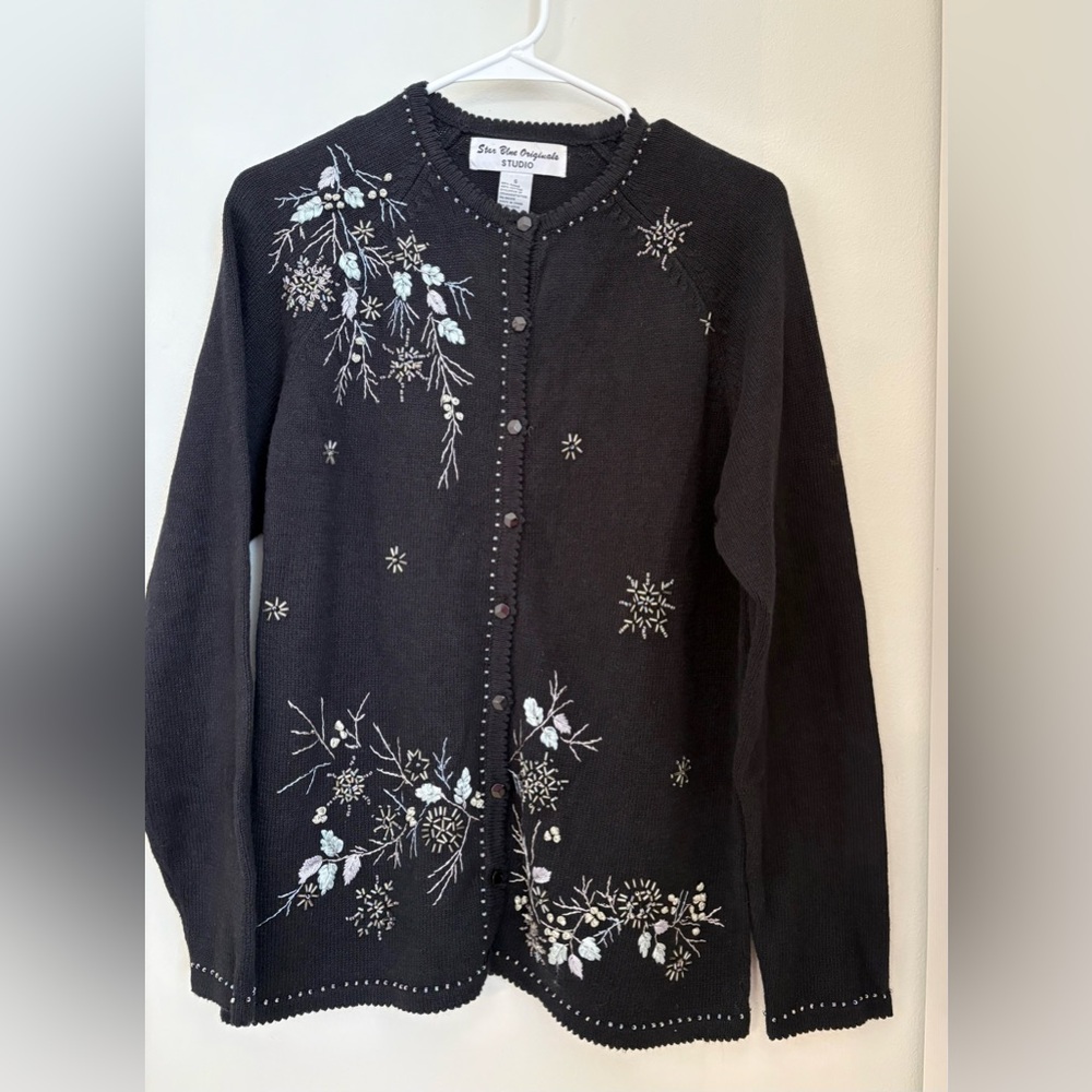 VINTAGE Star Blue Originals Black Floral Cardigan Embroidered Beaded Sz: S